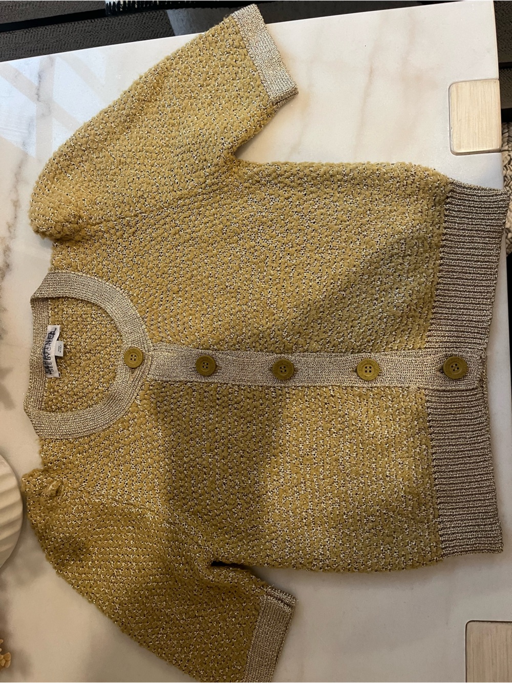See By Chloe Short-Sleeve Button Cardigan in Mustard Yellow with Taupe Trim